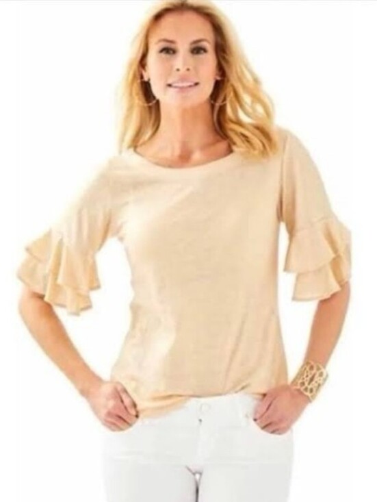 Lilly Pulitzer Tops - Lilly Pulitzer Lula Sand Dune Metallic Gold Linen Top Flounce Sleeve